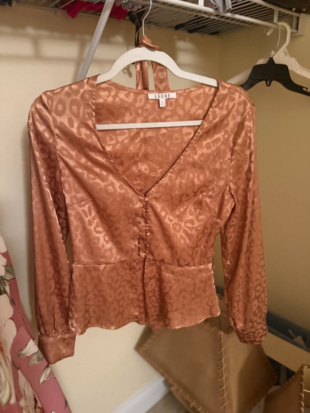 Satin/Silk Golden Brown Long Sleev Shirt with Buttons and Tie Waist